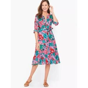 Talbots Women's Floral Belted Shirt Dress Sketched Blooms Cotton Midi Lined NWT